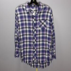 Beachlunchlounge Purple Plaid Button Front Shirt M Frayed Hem
